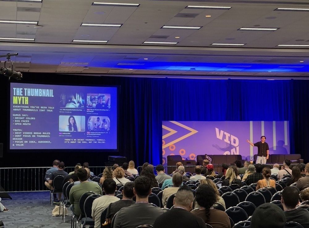 “The Thumbnail Myth” — Damian on the Creator Track stage, VidCon 2025.